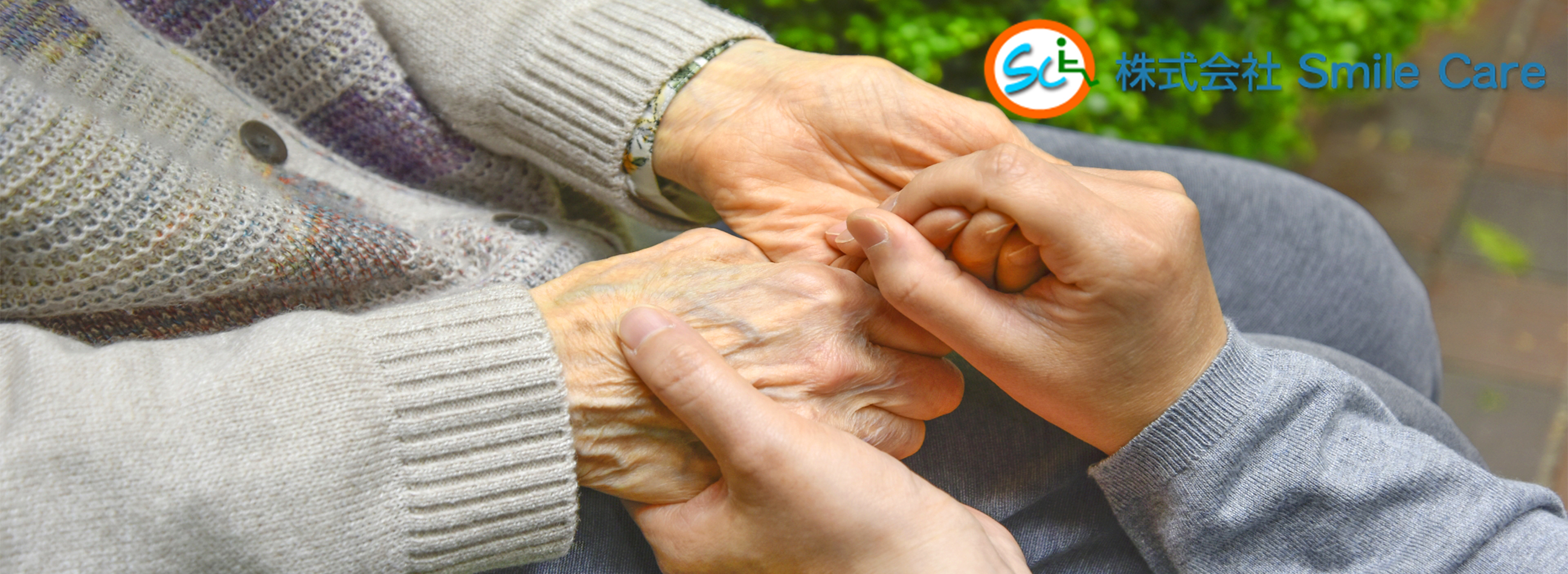 求人情報のファーストビュー写真。手を握る要介護者とヘルパー